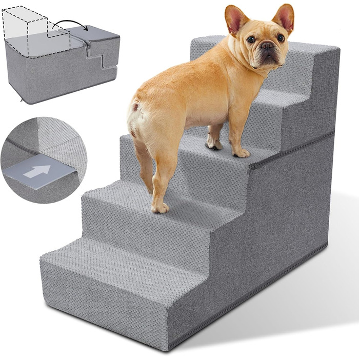 Dog stairs for small dogs, dog stairs, non-slip dog stairs with 5 steps, dog ramp bed washable, pet stairs made of high-density sponge, for injured & older dogs, cats