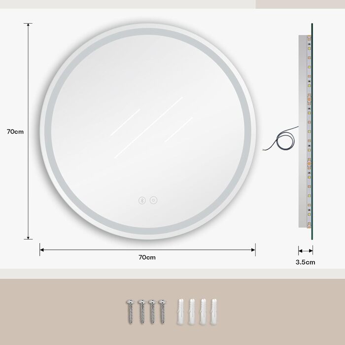 Дзеркало для ванної кімнати Dripex круглої форми з підсвічуванням LED, сенсорне керування, регулювання яскравості, 3 кольори світла, запобігання запотіванню, 60x60 см (Bluetooth, запобігання запотіванню, 3 кольори, регулювання яскравості)