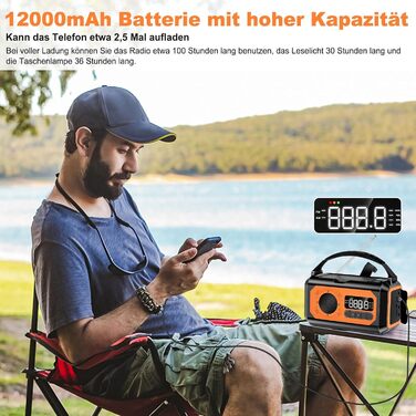 Радіоприймач Kurbelradio на 12000mAh з ручним зарядним пристроєм, сонячною панеллю, AM/FM, радіо для надзвичайних ситуацій, 7-в-1, SOS, ліхтарик, роз'єм для навушників, компас, ліхтар, оранжевий