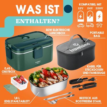 Electric Lunch Box 80W Thermo Lunch Box for Keeping Food Hot, 1.8L Heat Box 3-in-1 Food Warmer, Food Warming Box for 12V/24V/220V, for Work, Car, Truck Electric Lunchbox, Heat Box