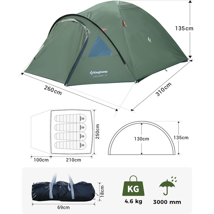 Намет KingCamp для 4 осіб з тамбуром, водонепроникний 3000 мм, зелений - кемпінговий намет-купол для відпочинку на природі