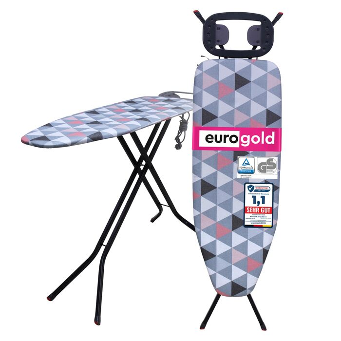 Прасувальна дошка EUROGOLD® Premium з турбо-покриттям 120x42 см - стабільна, регульована по висоті, з розеткою та антиковзними ніжками. Покриття з 100% бавовни (рожевий)