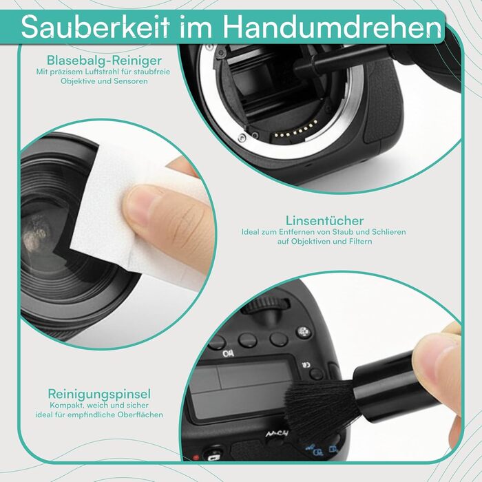 Набір для чищення камери Pixly® 16 предметів: Професійний набір для DSLR з повітряним насосом, 2-в-1 олівцем для лінз, пензлем для чищення, рукавичками та мікрофібровими серветками. Підходить для камери, об'єктива та сенсора.