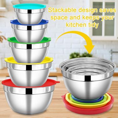 Набір місок з нержавіючої сталі 5 шт. з кришками – 4.5L/2.7L/1.6L/1.1L/0.7L – з 3 тертками, неслизькі та стіклі, придатні для миття в посудомийній машині для кухні та випічки