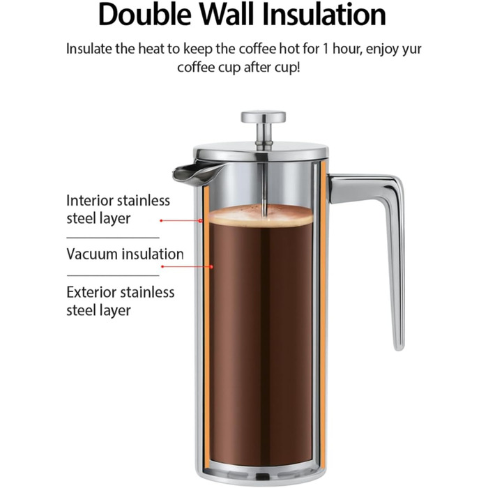 Френч-прес VIA CREMA зі скла та нержавіючої сталі, 800/1000 мл