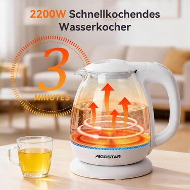 Електричний чайник Aigostar зі скла, 1 л, 2200W, LED-підсвічування, автоматичне відключення, захист від сухого кипіння, BPA Free, білий