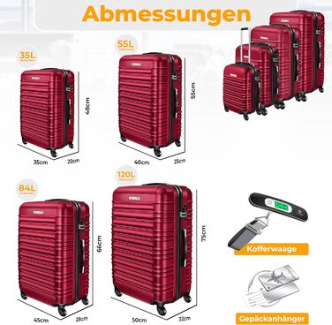 Набір валіз KESSER® з твердим корпусом (4 шт) – Bordeaux. Валізи з ABS-пластику, телескопічною ручкою, 4 колеса, ваги та брелок для багажу. Розміри: S, M, L, XL