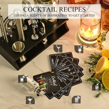 750ml Stainless Steel Cocktail Shaker Set with Bamboo Stand & Recipe Book - 17 Piece Bar Set for Bartenders, Gifts for Women (Black Silver)