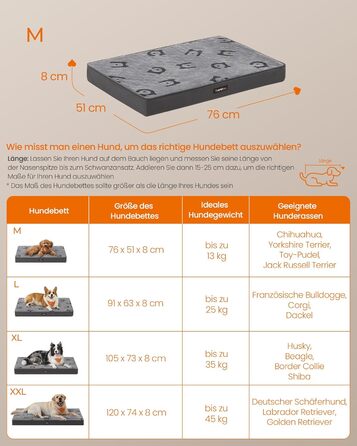 Ліжко для собак Feandrea, знімний водонепроникний матрац, розмір M (76 x 51 x 8 см), для маленьких та мініатюрних собак, сірий, PGW241G01
