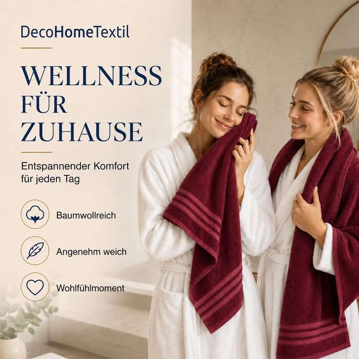 Набір махрових рушників DecoHomeTextil Eco (6 шт.), еко-серія, гігроскопічні та м'які, бордовий колір (4 рушники 70x140 см, 2 рушники 50x100 см)