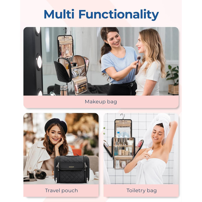 Органайзер для косметики BAGSMART, велика косметичка для жінок, чорний, з петлею для підвішування