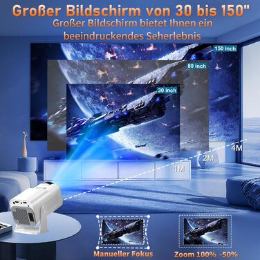 4K проєктор Beamer Full HD 1080P Android: портативний міні-проєктор з WiFi 6, Bluetooth 5.2, 270° обертанням, підтримкою PC/HDMI/USB, з пультом та мишкою, білий