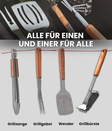 Набір гриль-посуду LEÓN Goods®: щипці, лопатка, виделка, щітка для гриля (4 шт.) з нержавіючої сталі та акації, для газових грилів. Ідеальний подарунок для гриля!