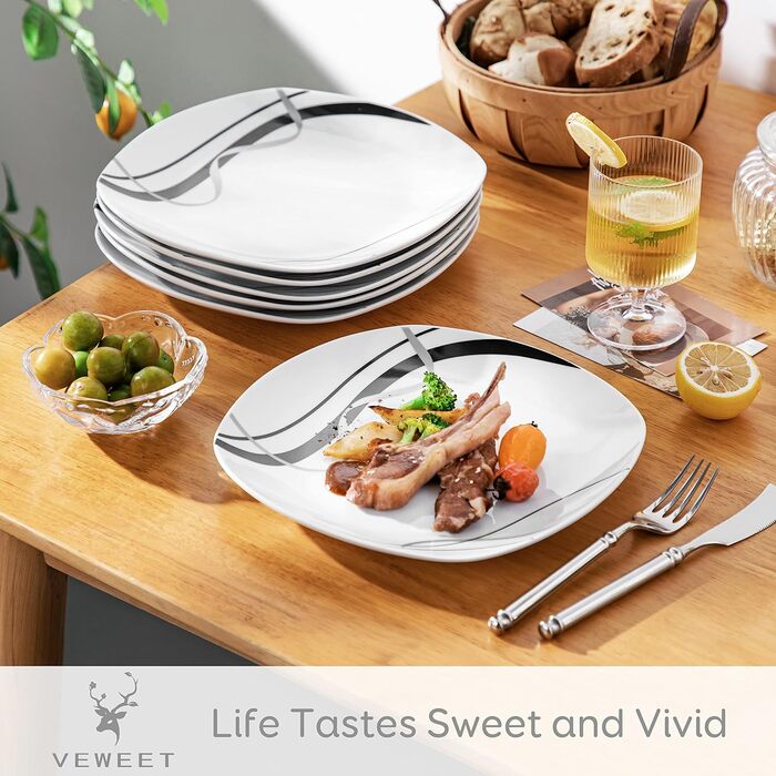 VEWEET FIONA Porcelain Dinner Plates, Dinner Plate Set for 6 People, Ø 24.7 cm Plate Set, Dessert Plate, Pasta Plate, Cake Plate and Breakfast Plate, Microwave Safe and Dishwasher Safe