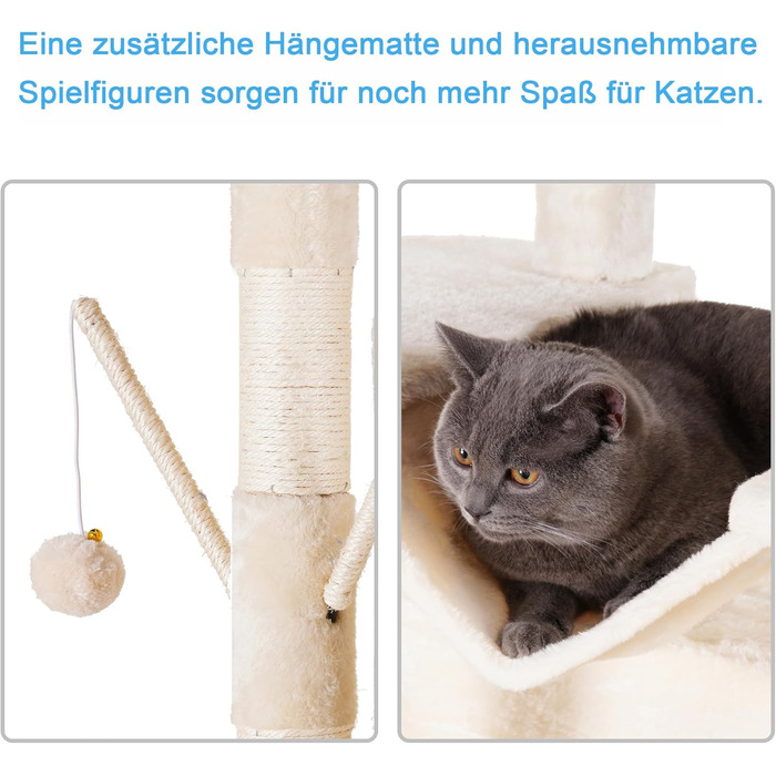 Великий котячий будиночок Hey-brother Kratzbaum XXL, 180 см, стабільний з сизалевим мотузком, велике дряпальний борд, кошик, 3 платформи та 2 будиночки (Бежевий)