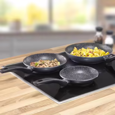 STONELINE 3-piece Frying Pan Set, 16/20/24 cm, Non-stick coated pan with real stone particles, pan suitable for induction and oven use, gray, for oil and fat-free frying