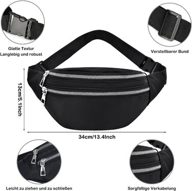 Чоловіча/Жіноча поясна сумка на пояс, водонепроникна, з PU шкіри, багатофункціональна, для спорту, подорожей, фестивалів (Чорний)