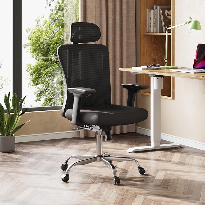 Офісне крісло Devaise: ергономічне крісло з регульованою підголівником та поперековою підтримкою, 3D-підлокітники, 3-рівневий нахил, дихаюча сітчаста тканина для дому та офісу (Чорний)