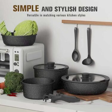 Набір посуду PureGlow Granit Antihaft з знімними ручками (10 предметів) – сковорода, каструлі з кришками, індукційний, для плити, духовки, чорний