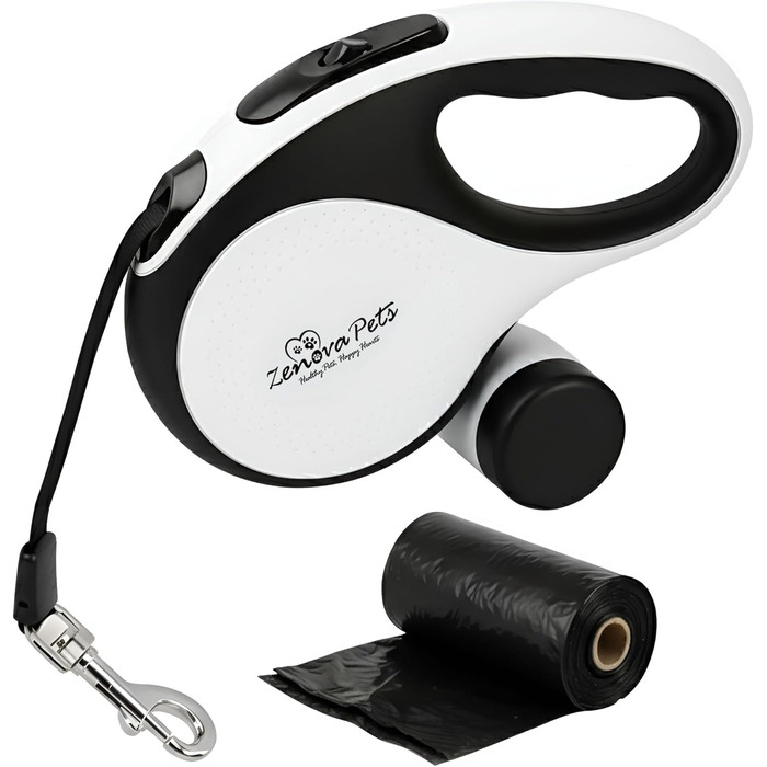 Рулетка для собак 5 м з тримачем для відходів – витяжна повідка для собак будь-якого розміру – повідка з нейлоновою стрічкою 360°, антиковзним руків'ям та кнопкою швидкого гальмування – повідка для собак до 30 кг
