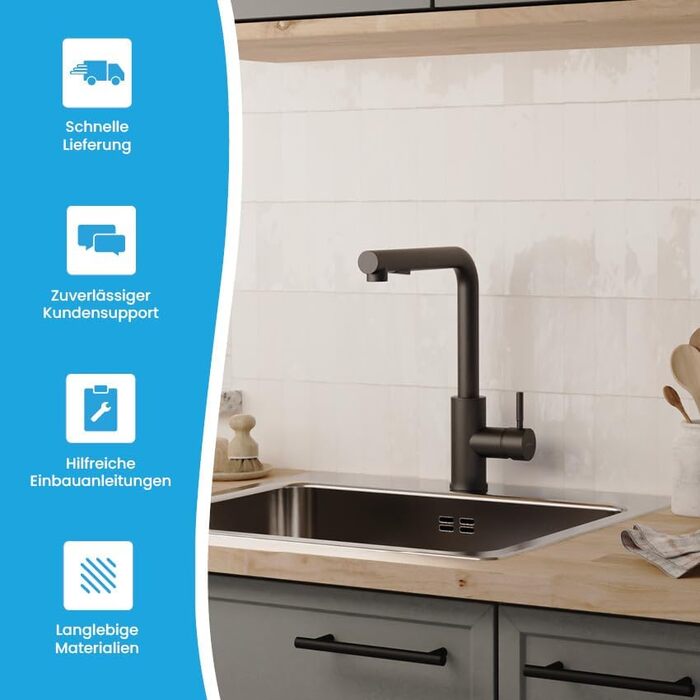 Кухонний змішувач Bächlein Varvaro – поворотний на 360° з висувним шлангом та душем, матовий чорний