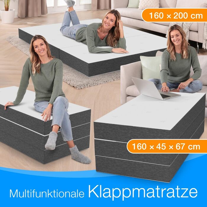 Складаний матрац ELONEO Premium Visco 75x200 см, висота 15 см, гостьовий, ортопедичний, для подорожей, складний гостьовий матрац знімний чохол, сіро-білий
