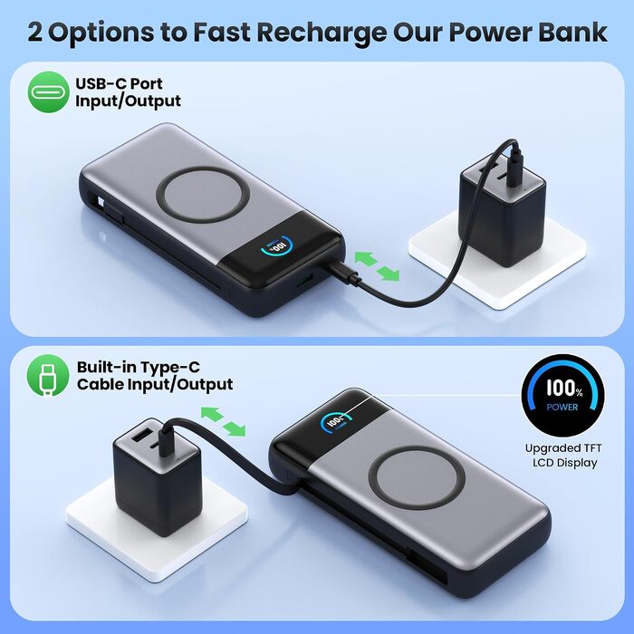 Потужний зовнішній акумулятор Power Bank 40800mAh з бездротовою зарядкою 15W, швидкою зарядкою PD 25W та QC4.0, USB-C, 4 виходи для iPhone 17/16/15/14, Samsung Galaxy S25 та Android