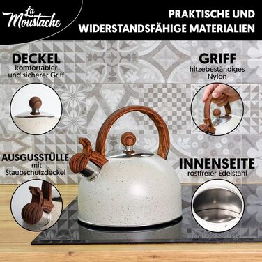 Чайник La Moustache Induktion: 2,5 л, 10 чашок, з нержавіючої сталі, з термостійким ручками та кришкою, для всіх плит (Бежевий)