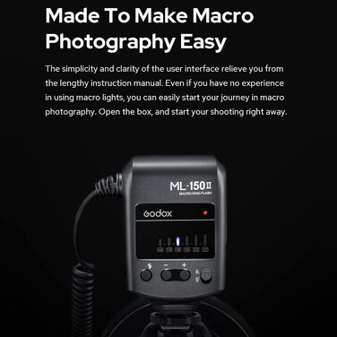 Godox ML-150II Макро-кільцевий спалах: 11 рівнів яскравості, кольорова температура 5800K, GN12, швидка перезарядка, 8 адаптерних кільця для Canon, Nikon, Sony DSLR камер