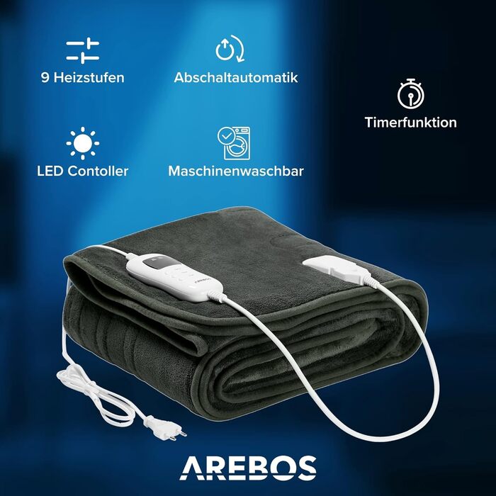 Електрична гріюча ковдра Arebos 200x180 см з таймером та захистом від перегріву | Плюшева, машинна стирка, 9 рівнів нагріву, антрацит
