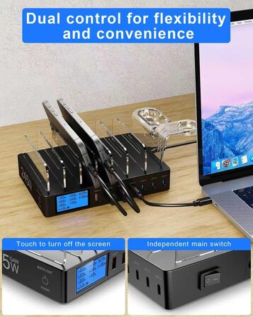Зарядна станція 245W для декількох пристроїв, 7 портів USB, LCD-дисплей, кабель 7 шт. + тримач для iWatch, для iPhone, планшетів та іншої електроніки - чорна