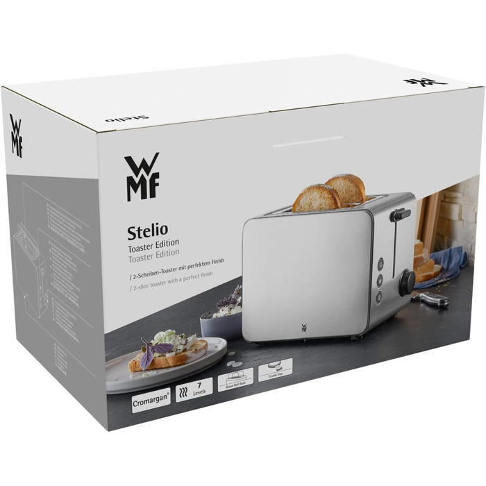 WMF Stelio 2-Slice Stainless Steel Toaster, Double-Slot Toaster with Bread Roll Attachment, Bagel Function, 7 Browning Levels, 900 W, Matte Stainless Steel Toaster