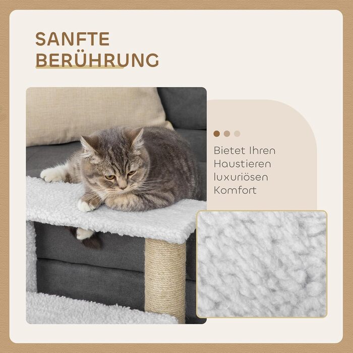 PawHut 3-Step Pet Staircase with Scratching Posts, Ball, Dog Staircase, Animal Staircase for Cats up to 5 kg, Plush Jute, White, 45 x 40 x 48 cm