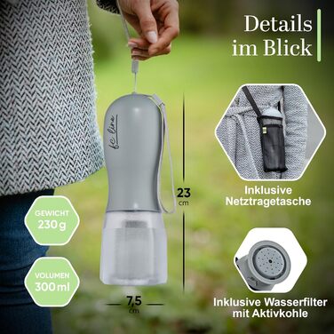 Поїлка для собак на прогулянці 300 мл - 3-в-1 (поїлка та миска) | Без витоку, BPA-free, з функцією повторного наповнення | Вода для маленьких та середніх собак сірого кольору 300 мл