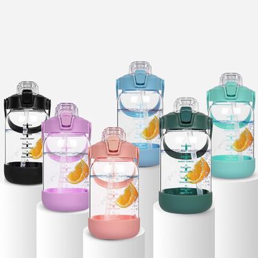 2l Glass Bottle | Drinking Bottle Glass with Straw & Time Marker, Leak-Proof 2 liter Large Glass Water Bottle for Smoothies, Carbonated Drinks Suitable, Dishwasher Safe (Light Green, 1000 ml)