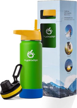 Stainless Steel Kids' Water Bottle - 100% Leak-Proof, BPA-Free with 2 Lids (Straw and Sport Cap) - Thermo Bottle for Kids - 500ml (Lime Green, 500 ml)