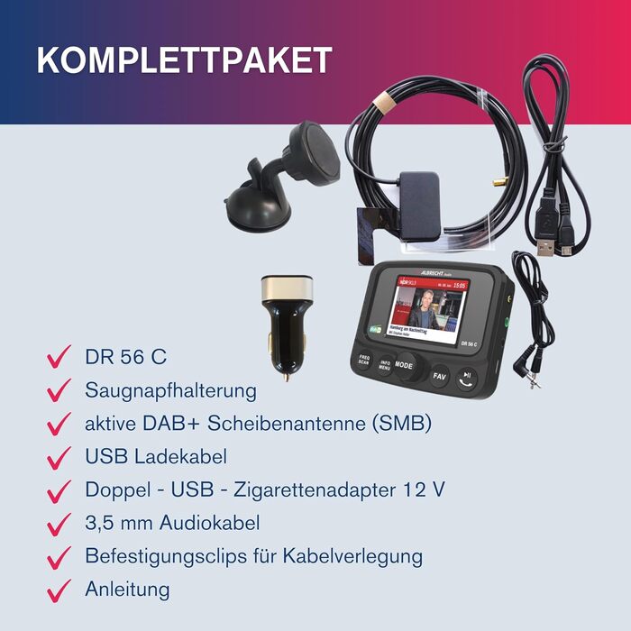 DAB+ адаптер Albrecht DR 56 C для автрадіо з FM-трансмітером, музичний стрімінг, кольоровий дисплей, чорний