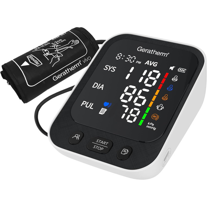 GERATHERM vivo – Точний цифровий тонометр на плечі та пульсометр для двох користувачів з контролем положення манжети та індикатором ВООЗ