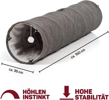 CanadianCat Company | XXL Cat Tunnel with Plush Fabric | gray | approx. 35 x 150 cm - Variable Shape, integrated cat toy