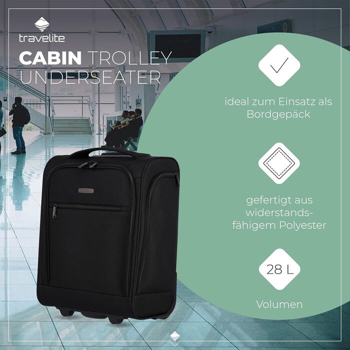 Чемодан ручної поклажі Travelite, 43 см, 28 л, з сумкою для ліквідів, 2 колеса, чорний