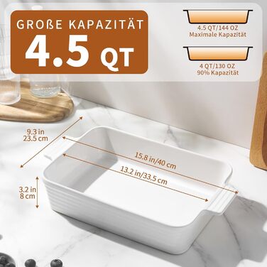 Форма для запікання Jassceram, 4.9 л, порцеляна, біла, для духовки, з ручками, для лазаньї та запіканок