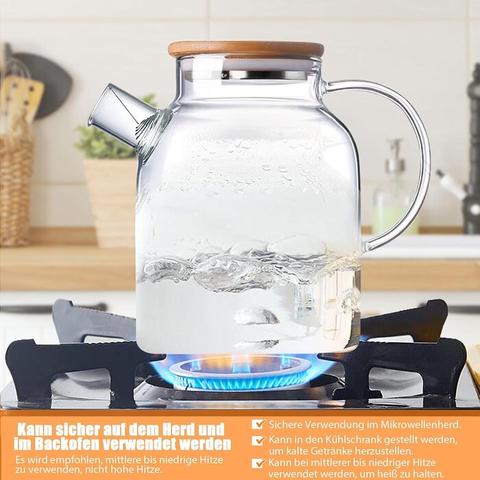 Скляний чайник з ситечком 1800 мл з дерев'яною кришкою, термостійкий боросилікатний чайник для квіткового чаю та соків