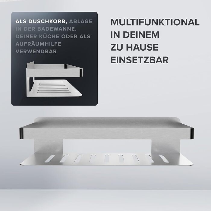 ovimar Shower Caddy Christianso | rectangular | silver | Stainless Steel | No Drilling | Adhesive | Shower Shelf | Space-Saving Attachment | For Bathtub or Shower | Storage for Shower Gel...
