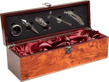 Набір аксесуарів для бару BRUBAKER 6-в-1 з ящиком для вина - дизайн з благородного дерева - набір сомельє з нержавіючої сталі з виливальником + пробкою + термометром для вина + кільцем від крапель - подарунковий набір сріблястого кольору