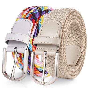 Пояс тканий еластичний TANGCHAO унісекс, розтяжний, ширина 3.3 см, довжина 90-135 см (бежевий + багатокольоровий, розмір 120)