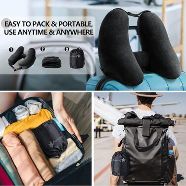 Sunany Neck Pillow Airplane with Hood, Travel Pillow for Airplane and Car Travel, Inflatable and Comfortable Travel Neck Pillow Adults, Supports Head, Neck, and Chin - Black