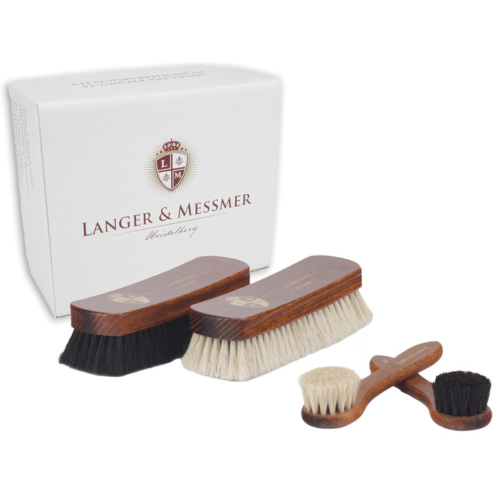 Langer & Messmer 4-Piece Shoe Brush Set Essential made of horsehair for professional shoe care of smooth leather shoes - includes polishing brushes and cream brushes