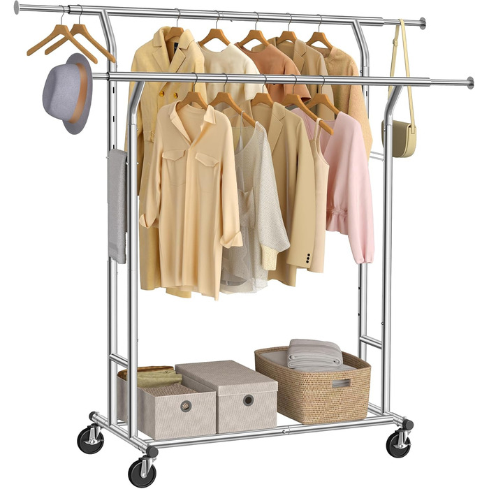 SONGMICS Стійка для одягу з металу, до 110 кг, на коліщатках, 129-169 см, хром HSR12S