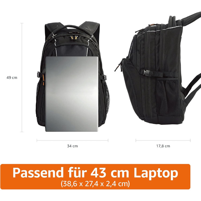 Рюкзак для ноутбука Amazon Basics, чорний, 17 дюймів, з м'якими лямками та органайзером для ручок, ключів і телефону