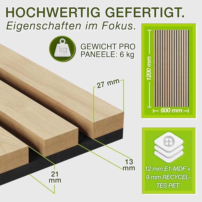 Акустичні панелі TRESKO з дерева 120×60x2,1 см, світлий дуб (2 шт.) — 3D ламельна стіна для шумоізоляції з вішаками для одягу